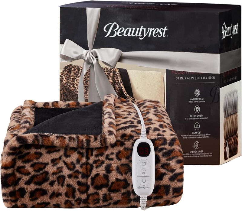 Photo 1 of Beautyrest Long Brushed Faux Fur Ogee Textured Design Electric Blanket, Auto Shut Off, Virtually Zero EMF, Multi Heat Setting, UL Certified, Machine Washable, Leopard Throw 50x60