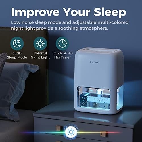 Photo 1 of BREEZOME 60 OZ Dehumidifiers for Home, Dual-Semiconductor Quiet Dehumidifier with Timer Sleep Mode Auto-Off 7 Colors Light Portable Small Dehumidifier