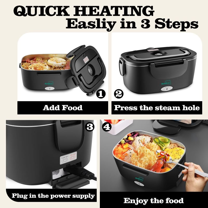 Photo 1 of Buddew Electric Heated Lunch Box for Adults - 80W Fast Heating, 1.5L Food-Grade Stainless Steel, 12V/24V/110V Portable Food Warmer for Work Travel Car