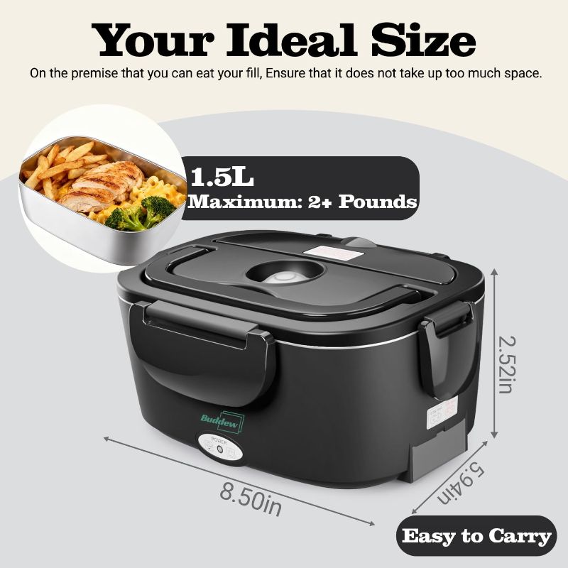 Photo 1 of Buddew Electric Heated Lunch Box for Adults - 80W Fast Heating, 1.5L Food-Grade Stainless Steel, 12V/24V/110V Portable Food Warmer for Work Travel Car