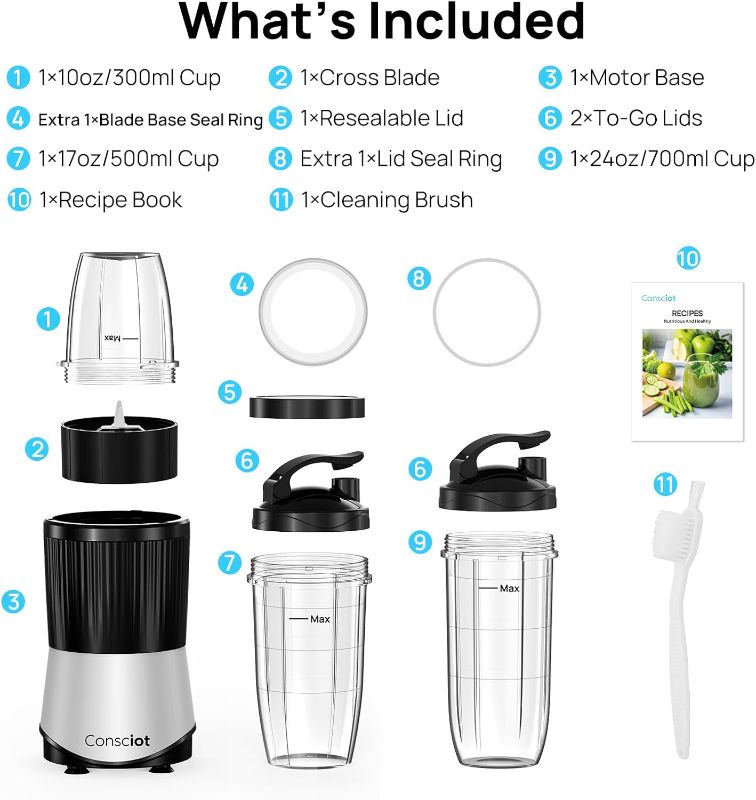 Photo 1 of Consciot CB08 11-Piece Blender for Kitchen and Personal Size, Blend Shakes and Smoothies, Frozen Drinks, Baby Food, Spreads & More, 3 Portable To-Go Cups & 2 Spout Lids & 1 Solid Lid, 900 Peak Watts