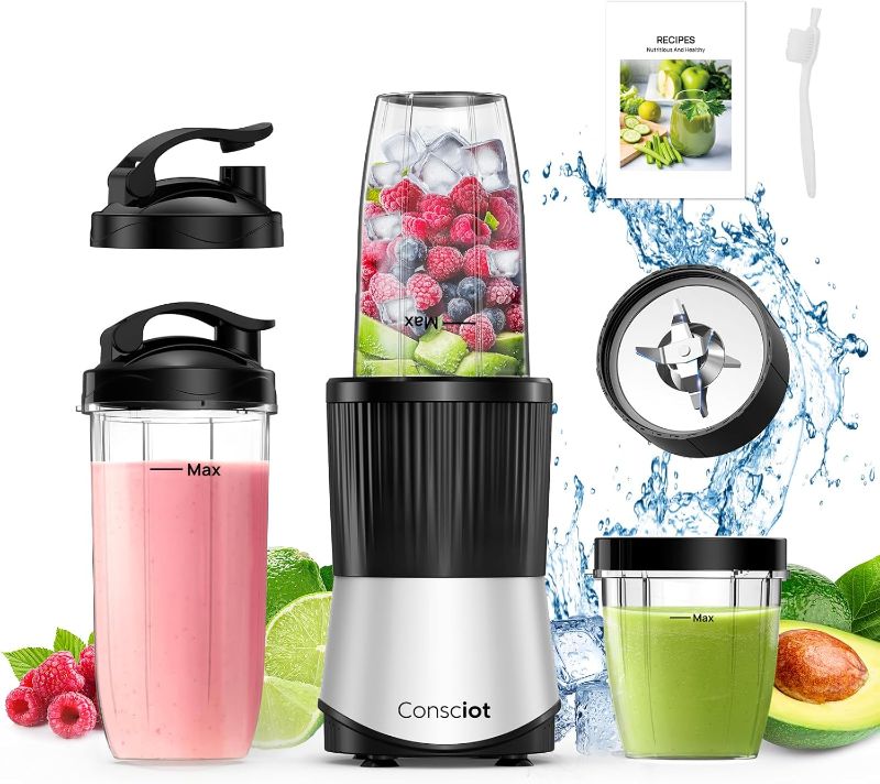 Photo 1 of Consciot CB08 11-Piece Blender for Kitchen and Personal Size, Blend Shakes and Smoothies, Frozen Drinks, Baby Food, Spreads & More, 3 Portable To-Go Cups & 2 Spout Lids & 1 Solid Lid, 900 Peak Watts