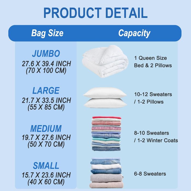 Photo 1 of Vacuum Storage Bags with Hand Pump, Plastic Packaging Bags, 80% Space Saver Vacuum Seal Bags for Clothing, Travel Lugggage, Blankets, Comforters, 16 Combo