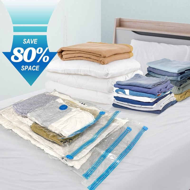 Photo 1 of Vacuum Storage Bags with Hand Pump, Plastic Packaging Bags, 80% Space Saver Vacuum Seal Bags for Clothing, Travel Lugggage, Blankets, Comforters, 16 Combo