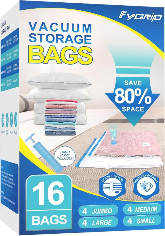 Photo 1 of Vacuum Storage Bags with Hand Pump, Plastic Packaging Bags, 80% Space Saver Vacuum Seal Bags for Clothing, Travel Lugggage, Blankets, Comforters, 16 Combo