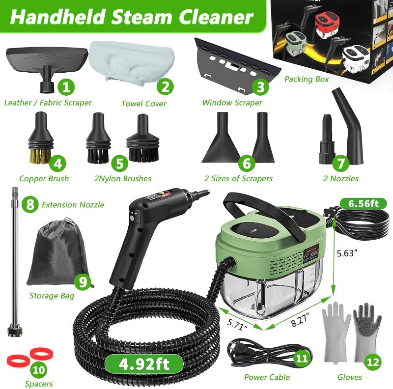 Photo 1 of Handheld Steam Cleaner, 2500W High Pressure Steamer for Cleaning, Portable Steam Cleaner with 1.6L Water Tank, 3 Levels Adjustable Handle, Steam Cleaner for Home, Car, Furniture, Bed Bugs (Green)