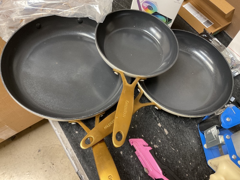 Photo 1 of GreenPan Hard Anodized Healthy Ceramic Nonstick 8" 10" and 12" 3 Piece Frying Pan Skillet Set, Gold Handle, Induction, PFAS-Free, Dishwasher Safe, Oven Safe, Twilight Blue