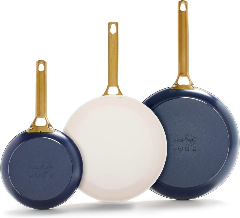 Photo 1 of GreenPan Hard Anodized Healthy Ceramic Nonstick 8" 10" and 12" 3 Piece Frying Pan Skillet Set, Gold Handle, Induction, PFAS-Free, Dishwasher Safe, Oven Safe, Twilight Blue