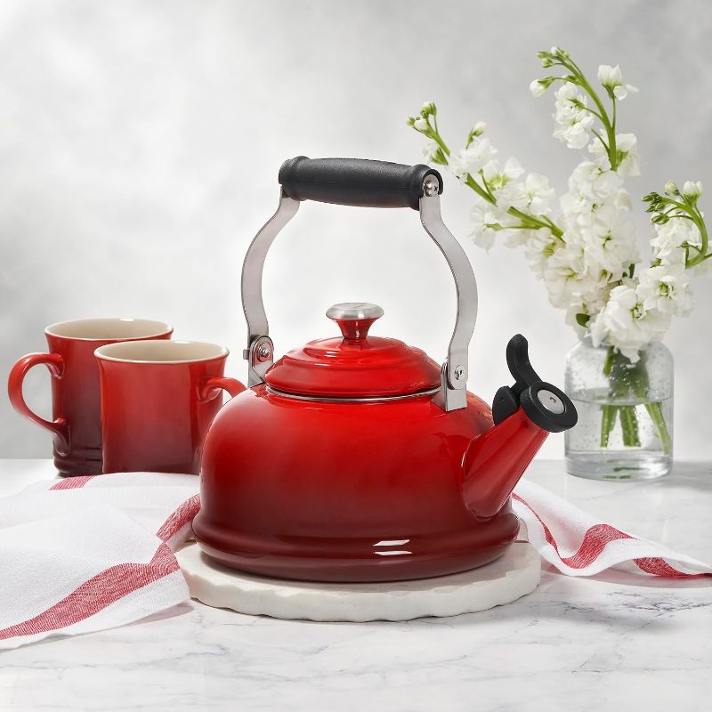 Photo 1 of Le Creuset Enamel On Steel Whistling Tea Kettle with Metal Finishes, 1.7 qt., Red - Broken Nozzle - Still Functions  