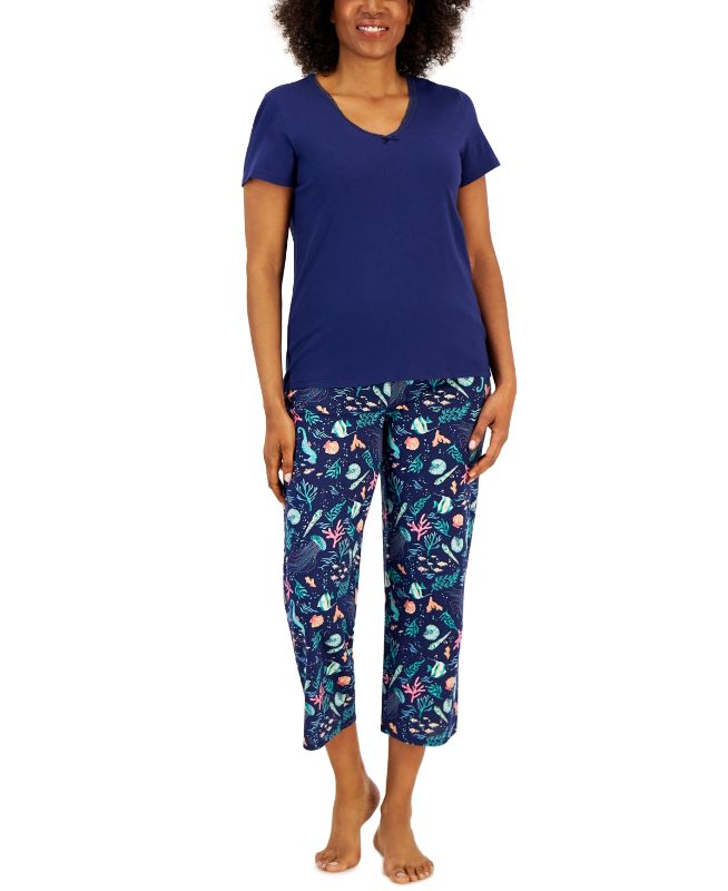 Photo 1 of Charter Club Women's Cotton Lace-Trim Essentials Capri Pajama - Sea Life Blue - Size X-Small (TOP ONLY)