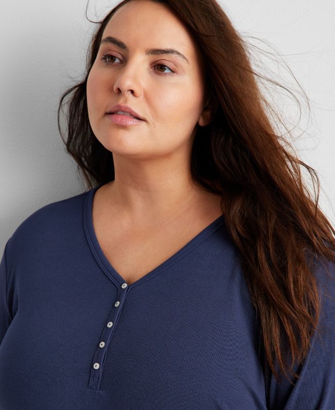 Photo 1 of State of Day Women's Long-Sleeve Ribbed Henley Sleep Top - Navy Dawn - Size Medium
