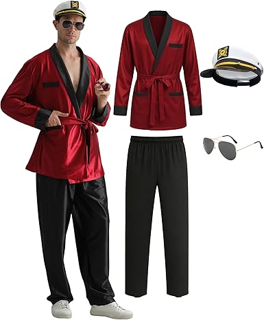Photo 1 of 5PCS Red Silk Robe & Black Pants Set with Captain Hat & Glasses – Halloween Costume Accessories for Adults - M