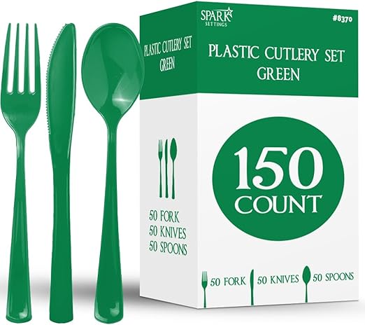 Photo 1 of 150 Pack Plastic Silverware Heavy Duty, Green Disposable Cutlery, 50 Spoons, 50 Forks, 50 Knives, Plastic Utensils Set for Home Office School Party Picnics Weddings & More - SparkSettings