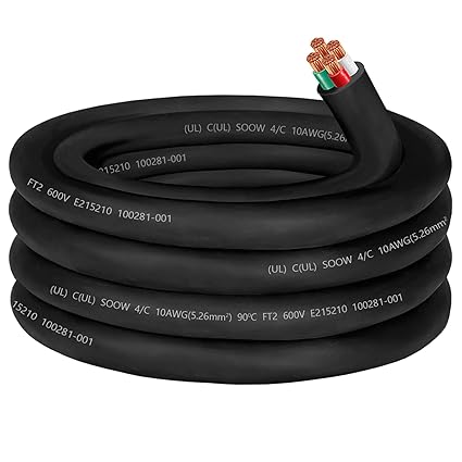 View 1 of 10/4 Wire 10 Gauge SOOW Wire 10AWG 10/4,30 amp Cable SOOW Portable Power Cable 10 Gauge 4 Conductor Electric Cord 600V Extension Cord for Welder,Motor Lead,Battery Charger,RV Generator,Machinery-15ft
