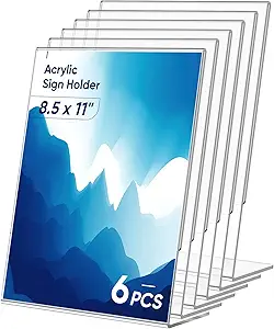 Photo 1 of 6 Pack Acrylic Sign Holder 8.5x11 Inches, Clear Display Holder, L-Shape Vertical Menu Holder Stand, Flyer Display Stand, Table Paper Holder, Plastic Sign Display Stand for Restaurants, Store, Office