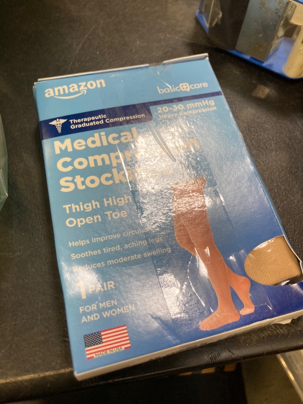 Photo 1 of Amazon Basic Care Medical Compression Stockings, 20-30 mmHg Support, Women & Men Thigh Length Hose, Open Toe, Beige, Medium (Previously NuVein)