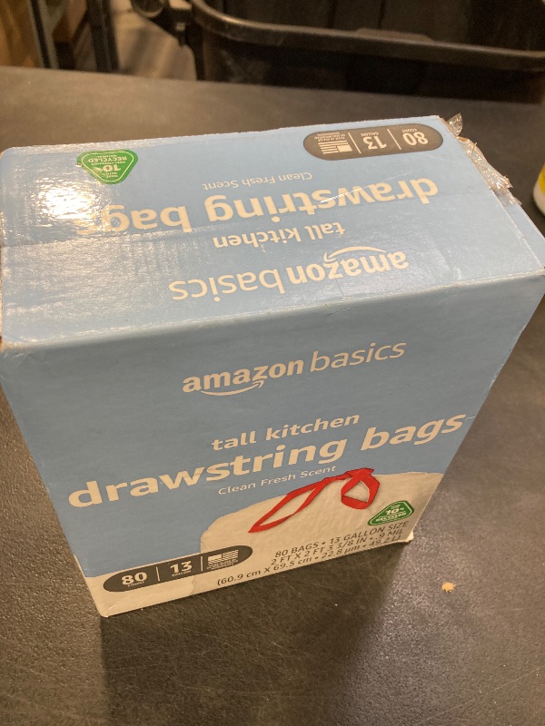 Photo 1 of Amazon Basics 13 Gallon Tall Kitchen Drawstring Trash Bags, Clean Fresh Scent, 10% Post Consumer Recycled, 80 count