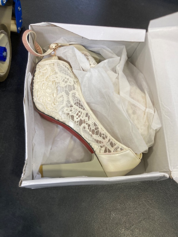 Photo 1 of Jeesay Women's Lace Flower Chunky High Heels Sandals Open Toe Ankle Strap Mesh Platform Wedding Bridal Dress Shoes (US8 White)