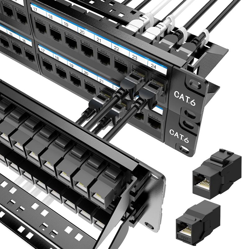 Photo 1 of Jadaol [UL Listed] 48 Port Patch Panel Rackmount or Wall Mount 19-Inch, 2U Cat 6 Network Panel Preloaded with 48 Keystone Couplers Plus 2 Spare, 10Gbps Ethernet Panel with Cable Management & Back Bar