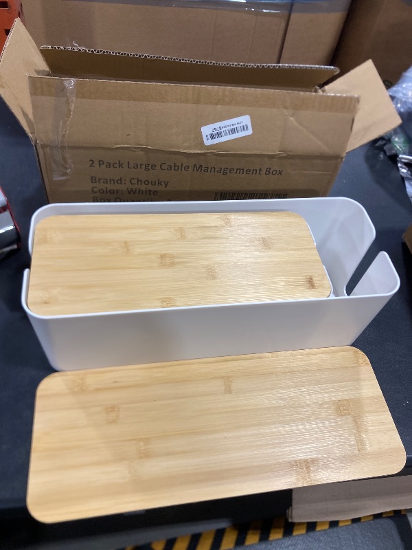 Photo 1 of 2 Pack Large Cable Management Box – Wooden Style Cord Organizer and Cover for TV Wires, Computer, Router, USB Hub and Under Desk Power Strip – Safe ABS Material and Baby-Pets Proof Lock (White)