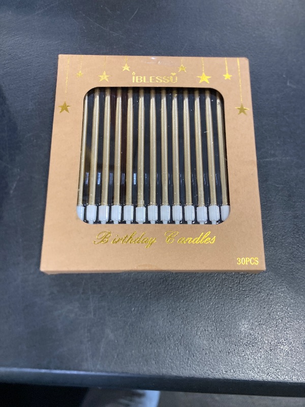Photo 1 of 30 PCS Champagne Gold Long Birthday Candles, Thin Metallic Cake Candles, Tall Glitter Cuppcake Candles in Holders for Birthday Wedding Party Decorations