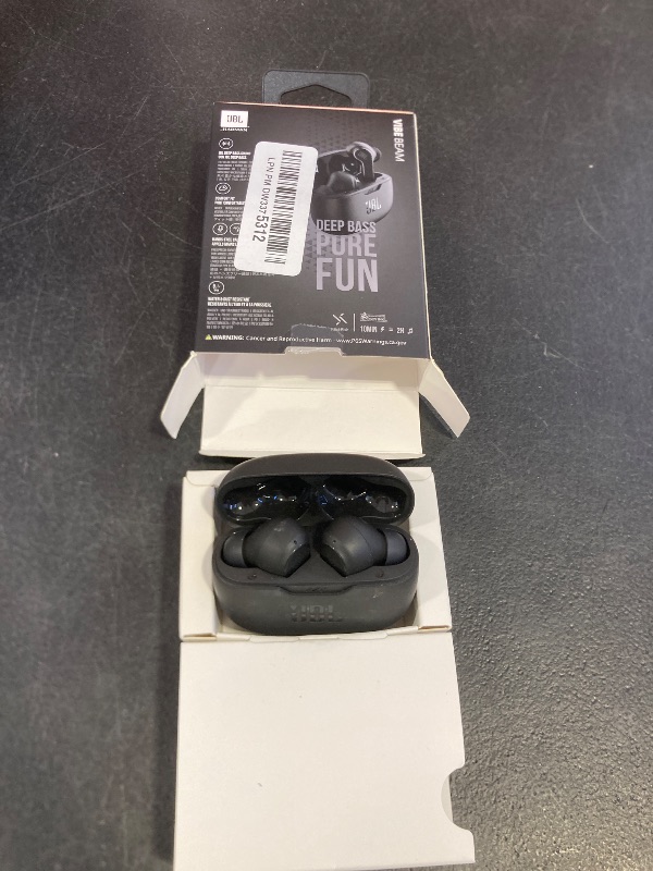 Photo 1 of JBL Vibe Beam - True Wireless JBL Deep Bass Sound Earbuds, Bluetooth 5.2, Water & Dust Resistant, Hands-free call with VoiceAware, Up to 32 hours of battery life (Black)