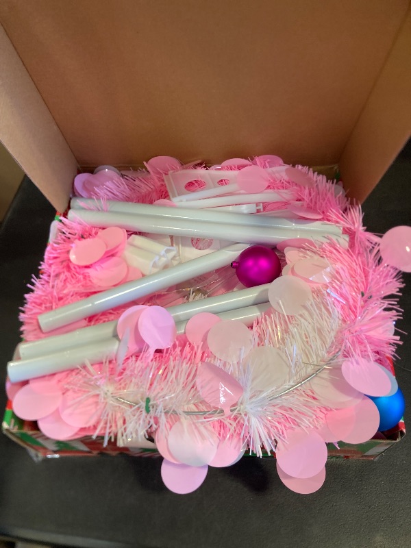 Photo 1 of 5 Ft Pink Pop Up Christmas Tree Tinsel Dual Color Change Timer 4 Modes DIY 60 Warm White & Colored Lights 15 Ball Ornaments 3D Star Battery Operated Pencil Xmas Slim Tree Home Indoor Holiday Decor