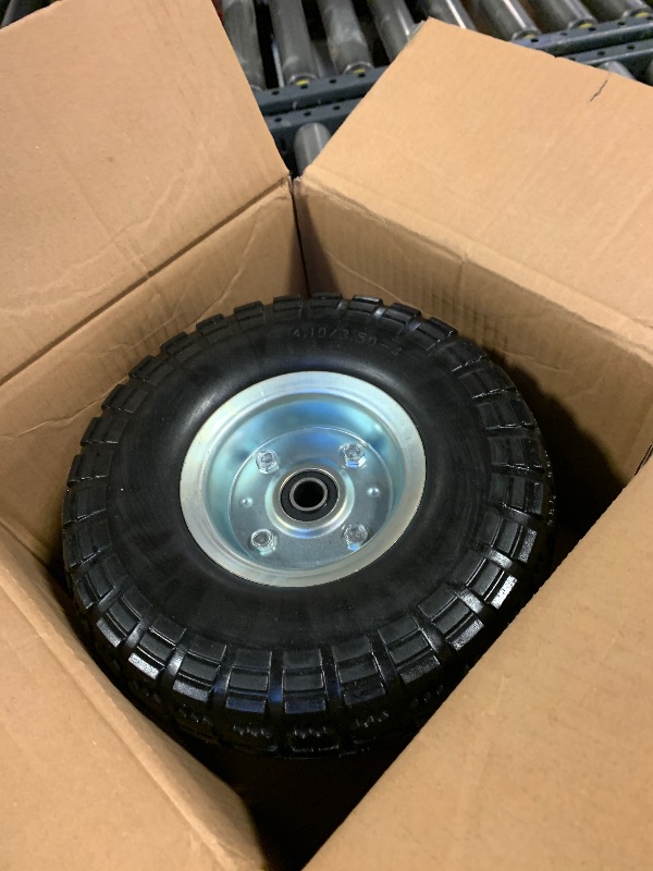 Photo 1 of (2 Pack) 10 Inch Solid Polyurethane Tire 4.10/3.50-4 Tire, 10" Flat Free Wheels with 5/8" Bearings, 2.2" Offset Hub for Garden Cart, Hand Truck, Lawn Cart, Mower
