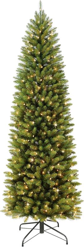 Photo 1 of 7ft Pre- Slim Fraser Fir Christmas Tree with 350 Clear Lights, 1188 Realistic Dense Branch Tips, Easy Setup Artificial Trees with Sturdy Metal Stand