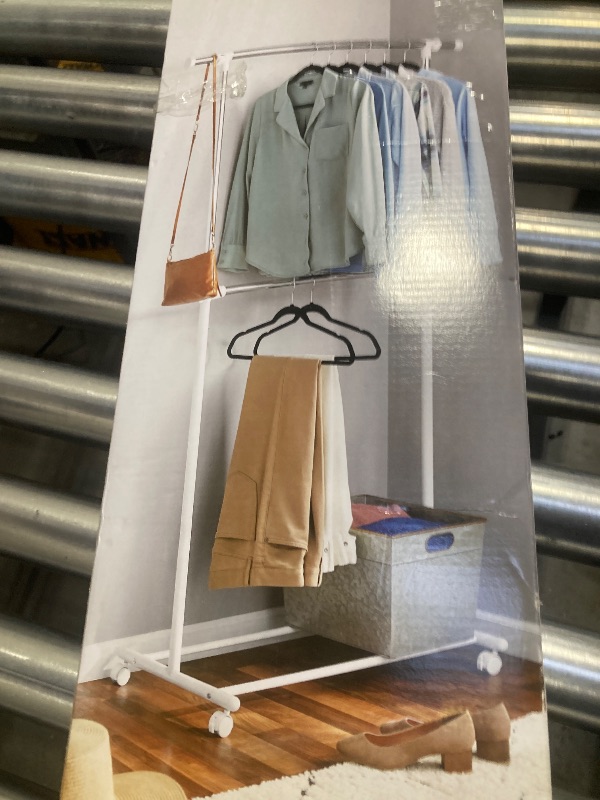 Photo 1 of  Adjustable Clothing Rack for Hanging Clothes, Heavy Duty Garment Rack with Wheels?Free Standing Rolling Clothes Rack with Shelf & Grid, Easy Assembly Standard Rod, White & Chrome