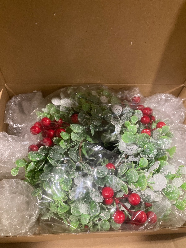 Photo 1 of 12 Pieces Christmas Candle Rings Garland 3.15 Inch Center Pillar Candle Rings Wreaths Red Berry Garland Holders Mini Ring for Wedding Party Living Room Dining Table Decoration