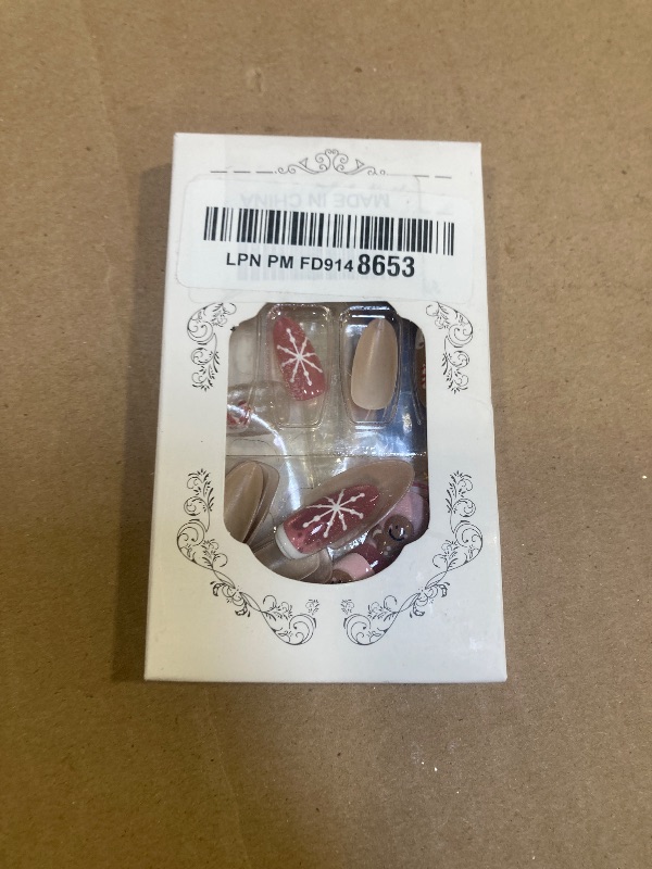 Photo 1 of 30Pcs Christmas Press on Nails Short Almond Fake Nails Pink French Tip False Nails Cute 3D Gingerbread Man Candy Canes Glue on Nail Winter Snowflake Acrylic Nail Glitter Xmas Stick on Nails for Women