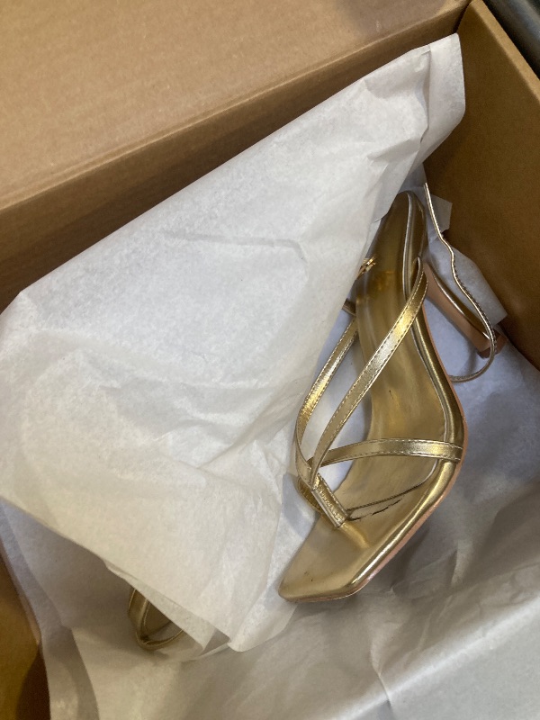 Photo 1 of Elisabet Tang Womens Square Toe Heeled Sandals,4.3 inch Square Toe Thong Strappy Ankle Strap Stiletto Heel Sandals Wedding Dress Party Shoes Gold Size 7