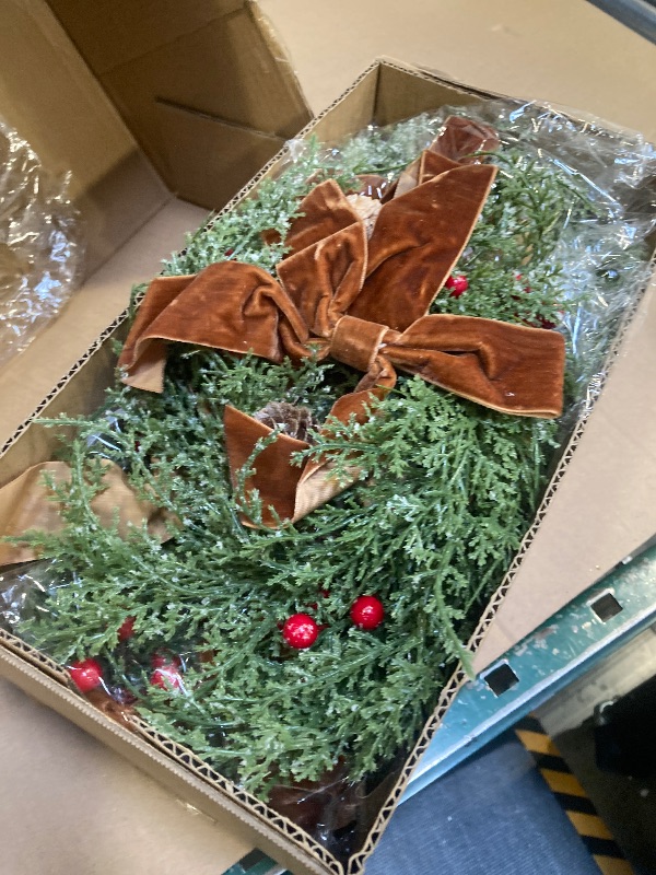 Photo 1 of Aneco 6 Pcs 9.8" Small Christmas Norfolk Wreaths Decorations Mini Christmas Kitchen Cabinet Wreaths with Brown Velvet Bow Artificial Hanging Garlands for Door Window Room Farmhouse Xmas Party Decor