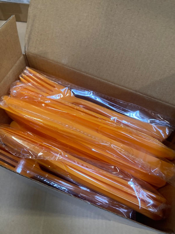Photo 1 of 300 Pcs Orange Plastic Silverware, Orange Plastic Cutlery Includes 100 Forks, 100 Spoons, 100 Knives for Birthday, Autumn Party, Halloween, Thanksgiving Day