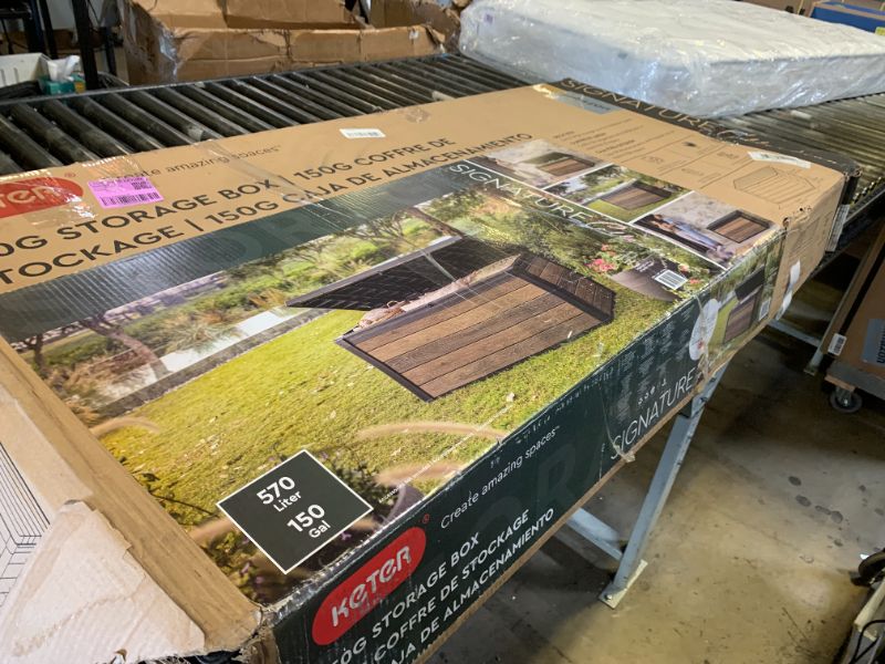 Photo 1 of Keter Signature Collection 150 Gallon Resin Deck Box Organization and Storage Box for Patio Outdoor Cushions, Throw Pillows, Garden Tools and Pool Supplies, Walnut