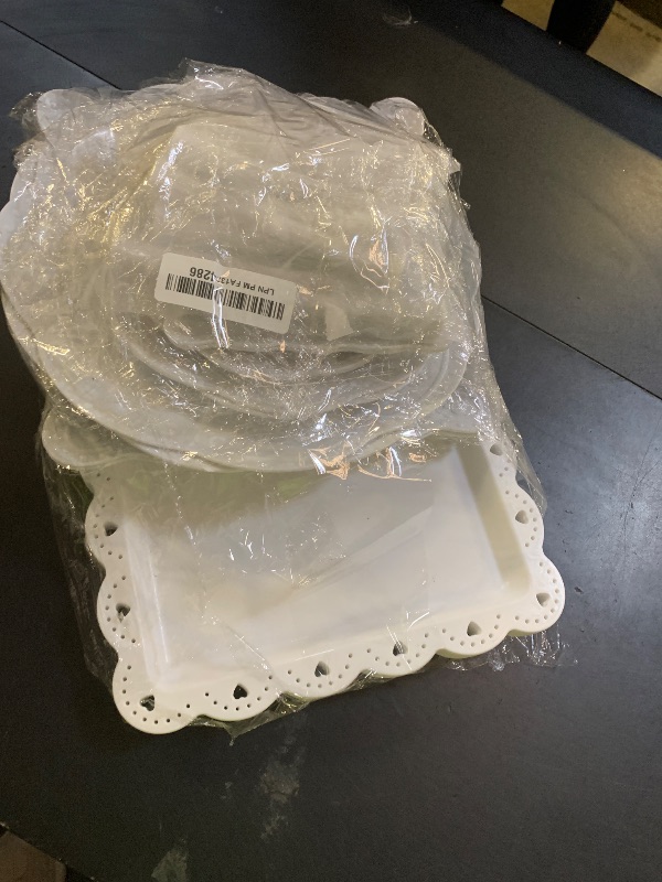 Photo 1 of 10 Pcs Cake Stand White Plastic Dessert Table Display Set 4 Pcs 3 Tired Cupcake Stand Cookie Tray Rack Serving Tray Cake Display Tower and 6 Pcs Dessert Trays for Wedding Baby Shower Tea Party (White)