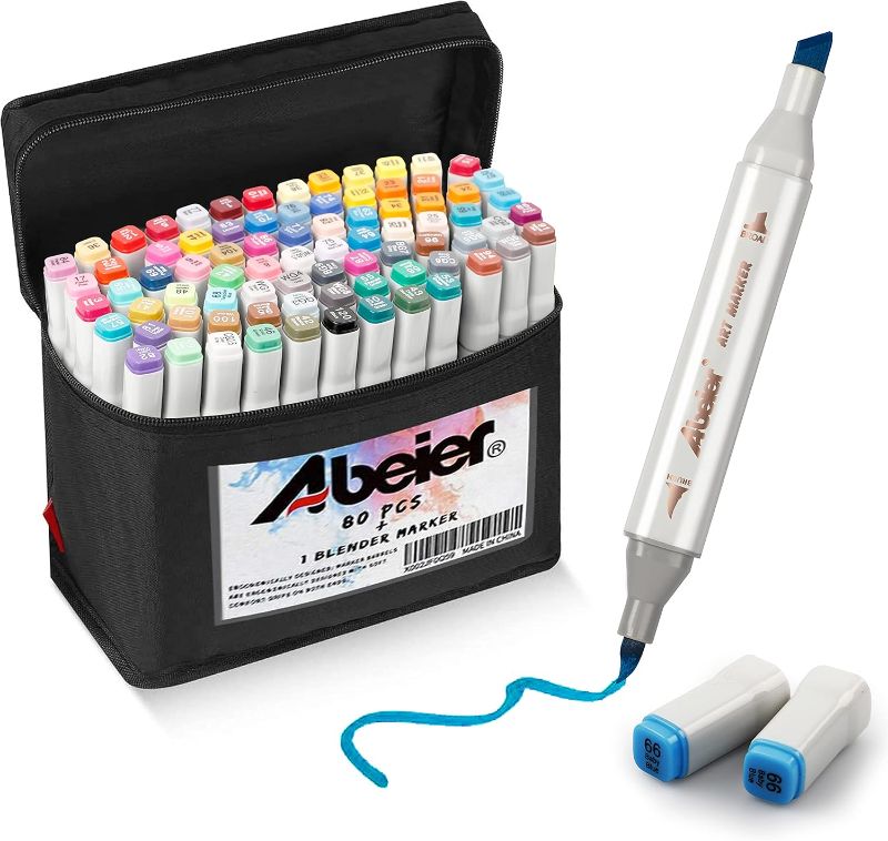 Photo 1 of 
ABEIER 81 Colors Alcohol Markers - Brush & Chisel Dual Tip Sketch Markers, Plus 1 Blender, Permanent for Kids & Adults Coloring & Illustration