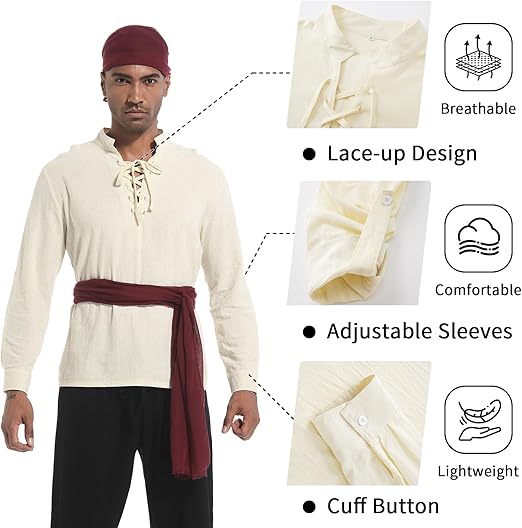 Photo 1 of 3 Pcs Men's Pirate Shirt Medieval Renaissance Shirt Pirate Bandana for Halloween Cosplay L