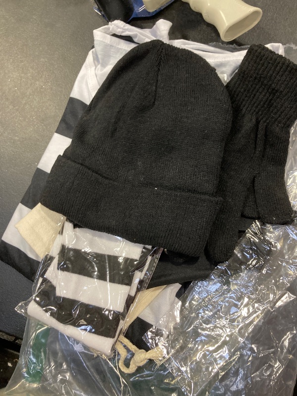 Photo 1 of Adult Halloweent Robber Costume Set Black and White Striped Tee Shirt Money Bag Gloves Eye Patch and Beanie Cap
