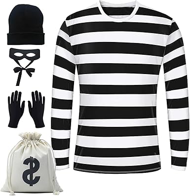 Photo 1 of Adult Halloweent Robber Costume Set Black and White Striped Tee Shirt Money Bag Gloves Eye Patch and Beanie Cap
