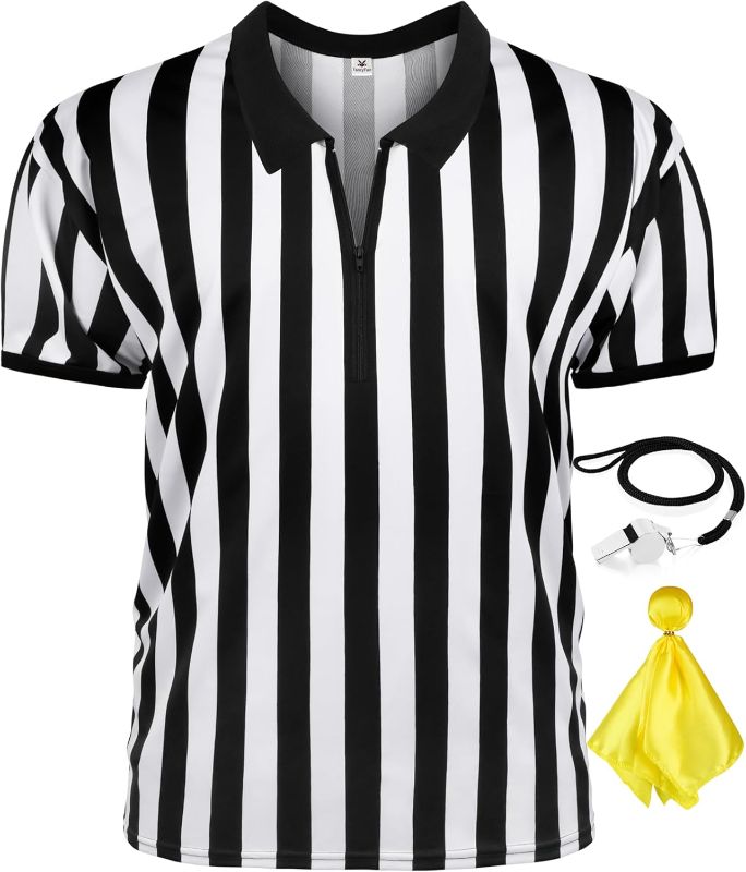 Photo 1 of 3 Pcs Referee Shirt, Referee Costume Men Women Zipper Collar Black and White Striped Ref Shirt for Football Soccer Sports
