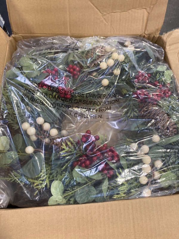 Photo 1 of 22 Inch Christmas Wreath with Hanger, Christmas Wreaths for Front Door with Red White Berry Pine Cone Xmas Wreaths for Front Door Wall Home Outdoor Decor