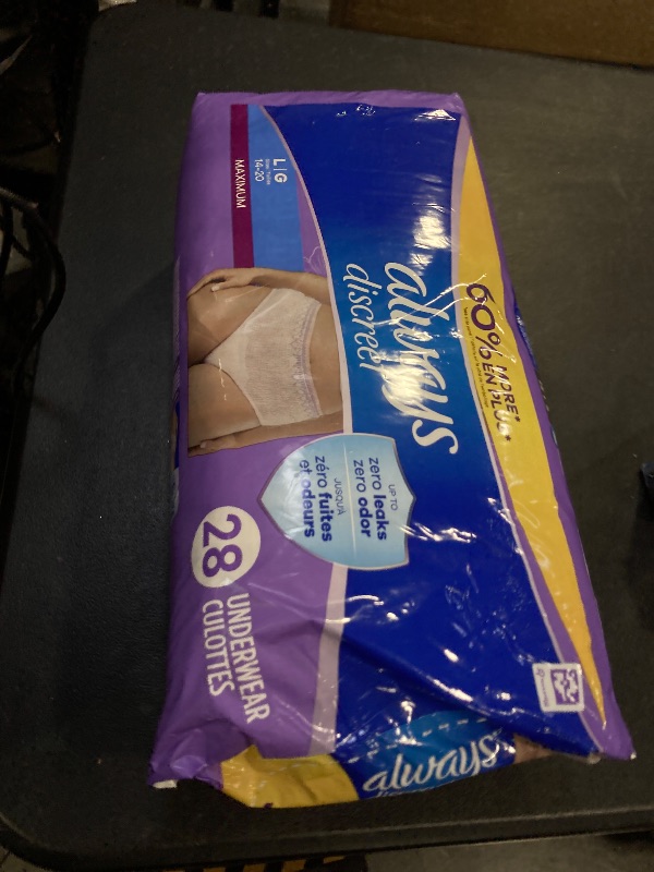 Photo 1 of Always Discreet Adult Incontinence Underwear for Women and Postpartum Underwear, Large, Up to 100% Bladder Leak Protection, 28 Count