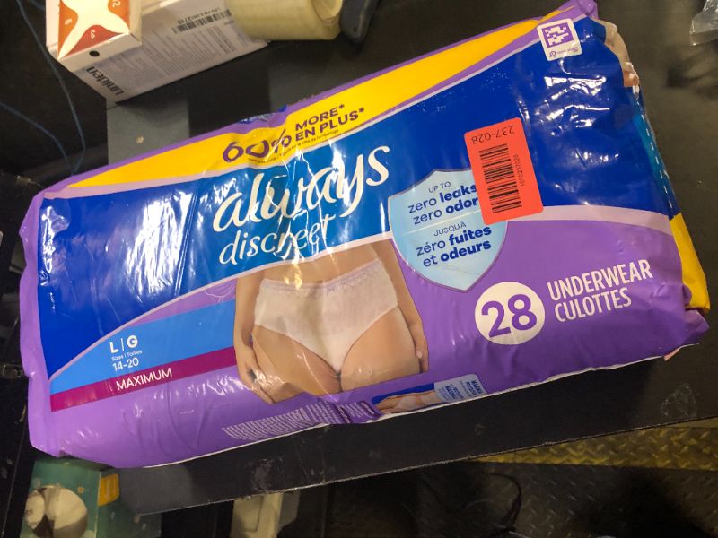 Photo 1 of Always Discreet Adult Incontinence Underwear for Women and Postpartum Underwear, Large, Up to 100% Bladder Leak Protection, 28 Count