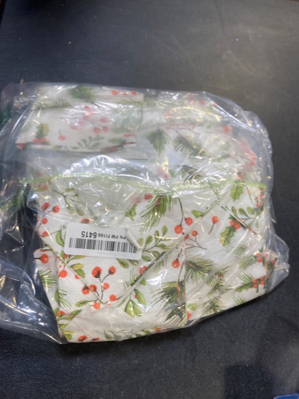 Photo 1 of 100 Christmas Paper Napkins Xmas Pine Branch Red Berries Disposable Guest Napkins Red Green Winter Greenery Leaves Party Hand Towels for Holiday New Year Christmas Party Supplies