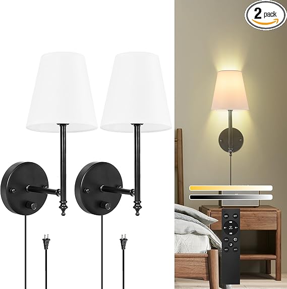 Photo 1 of **PARTIAL SET----*** 14.1 inch Wall Sconces Set of Two with Remote Control, Dimmable, Adjustable Colors 2700-6500K, Plug in Wall Sconces with White Fabric Shades, Plug in Wall Light, Black