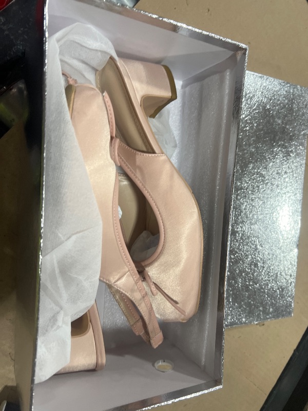 Photo 1 of Agodor Slingback Heels for Women Ruched Satin Pink Ballet Mary Jane Shoes with Bow Square Toe Ballerina Pumps Low Chunky Block Heels Elastic Rear Strap Comfortable Dress Ballet Shoes US7.5