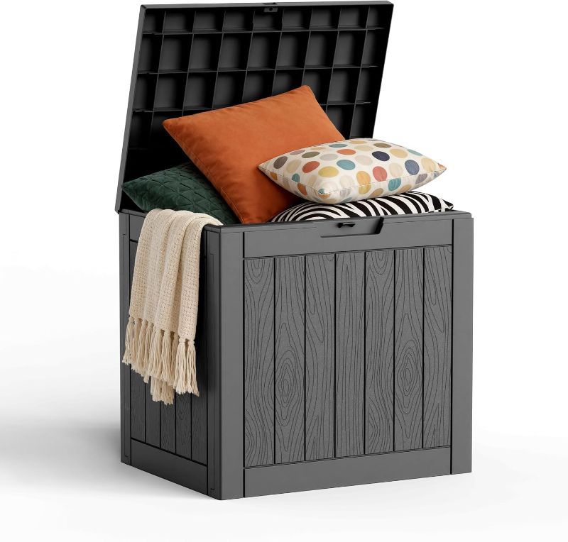 Photo 1 of 30 Gallon Outdoor Deck Box, Lockable Waterproof Outdoor Storage Boxes For Garden Tools,Indoor Cushions,Accessories Outside Storage Resin Weatherproof Container(Black)