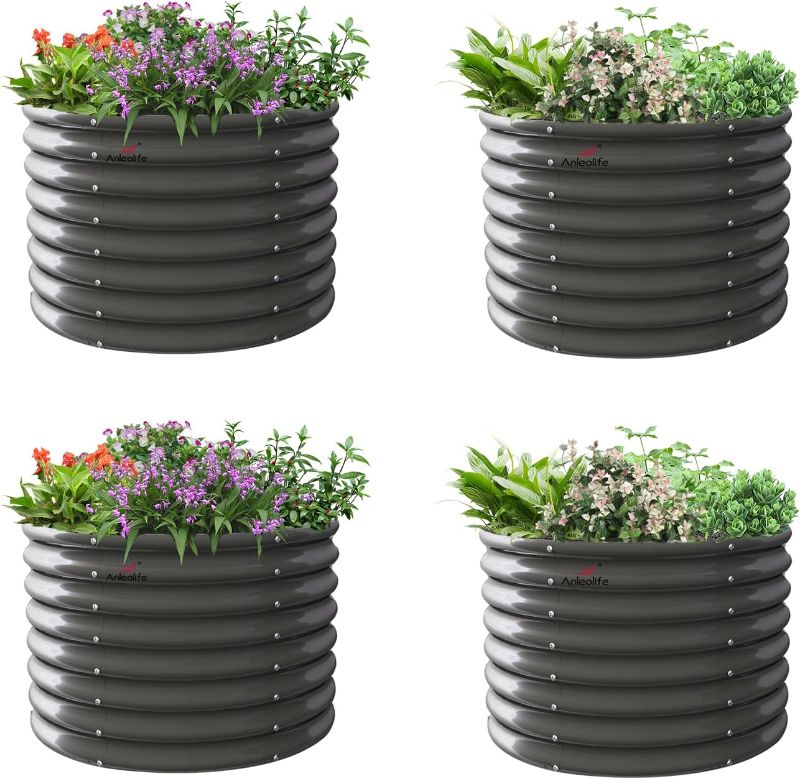 Photo 1 of 4-Pack 3ft x 24” Tall Galvanized Raised Garden Beds Outdoor, Round Metal Planter Box for Planting Vegetables Flowers Herb, Anti-Rust & Easy-Setup, Quartz Grey